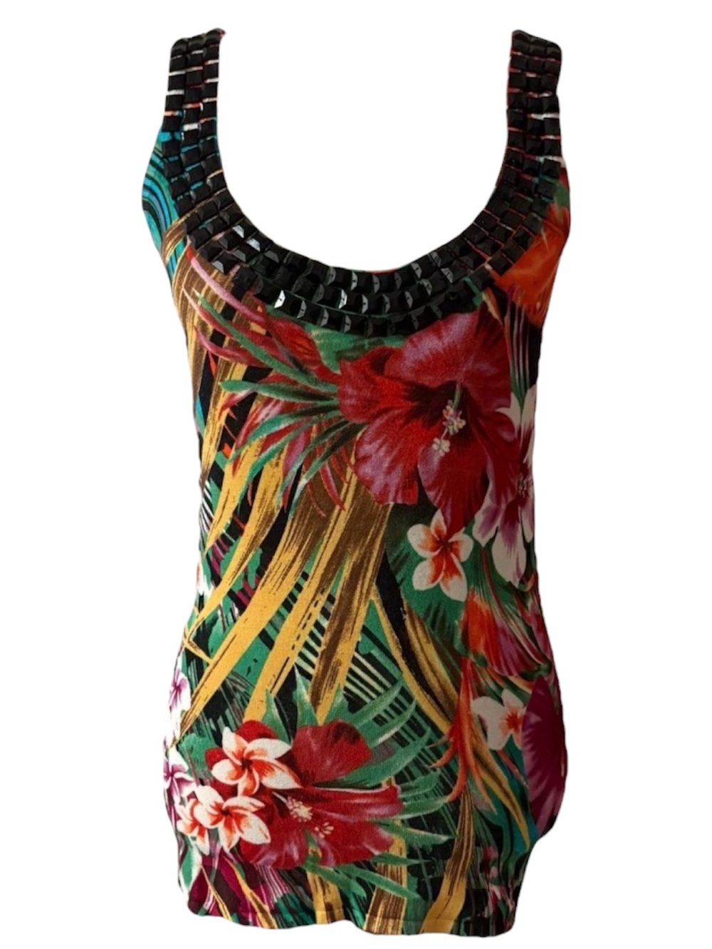 Vtg Cache Y2K Beaded Floral Tropical Knit Sleeveless Sweater Top Sz Small